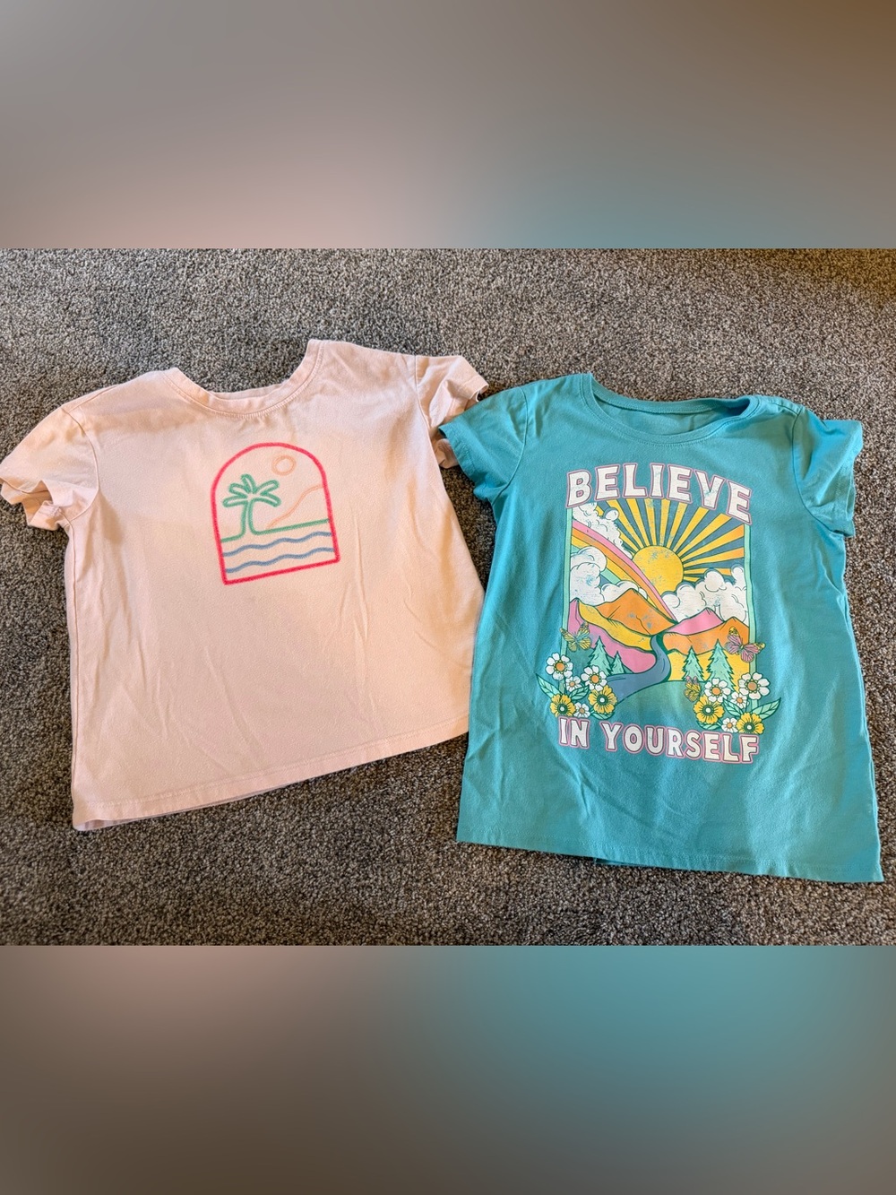 Cat & Jack Pink Palm Graphic Tee and Teal 'Believe in Yourself' Tee